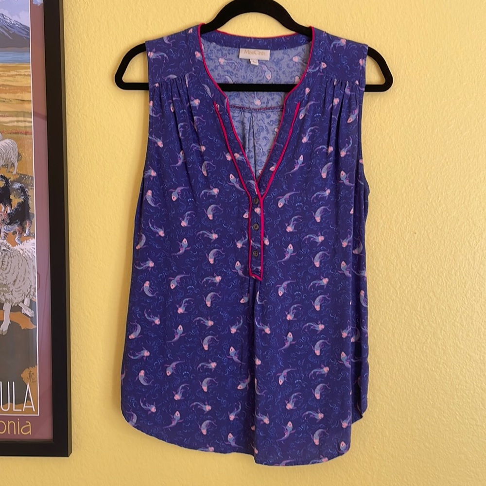 Purple koi fish sleeveless blouse with piping detail
